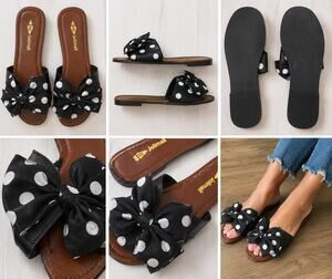 Jolimall Women's Polka Dot Bow Slide Sandals – Black/White – Size 10